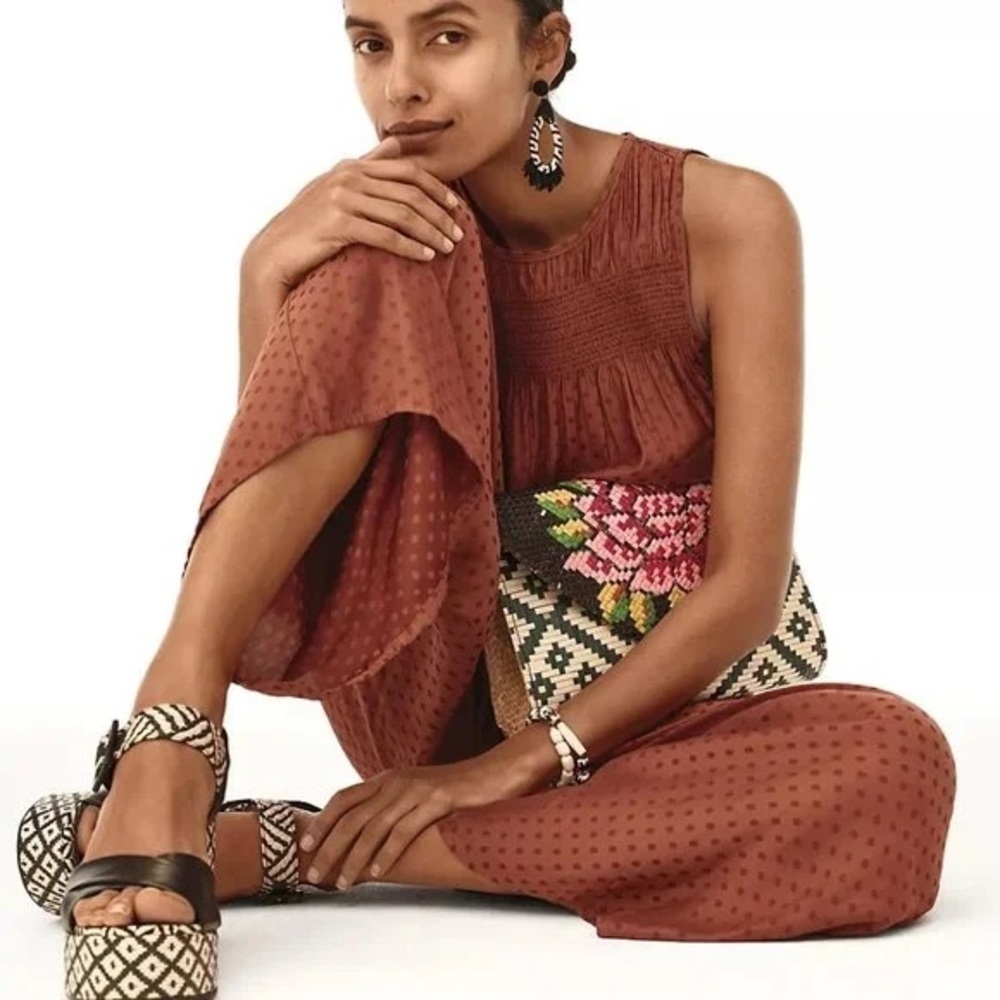 Anthro DRA Potter Jumpsuit Rust Copper Polka Dot Smocked SZ S